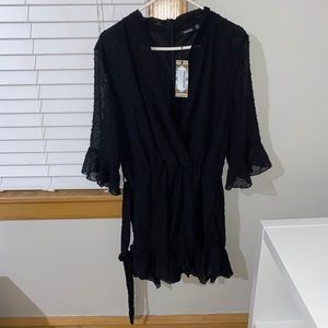 Dobby Mesh Ruffle Wrap Tie Romper